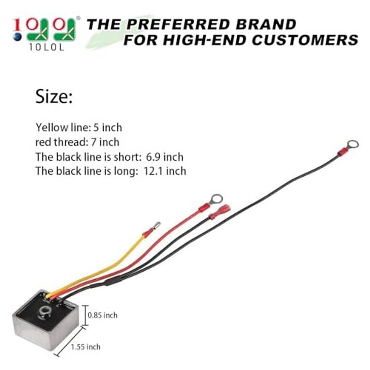 Voltage regulator rectifier wire size diagram: yellow 5 in, red 7 in, black 12.1 in