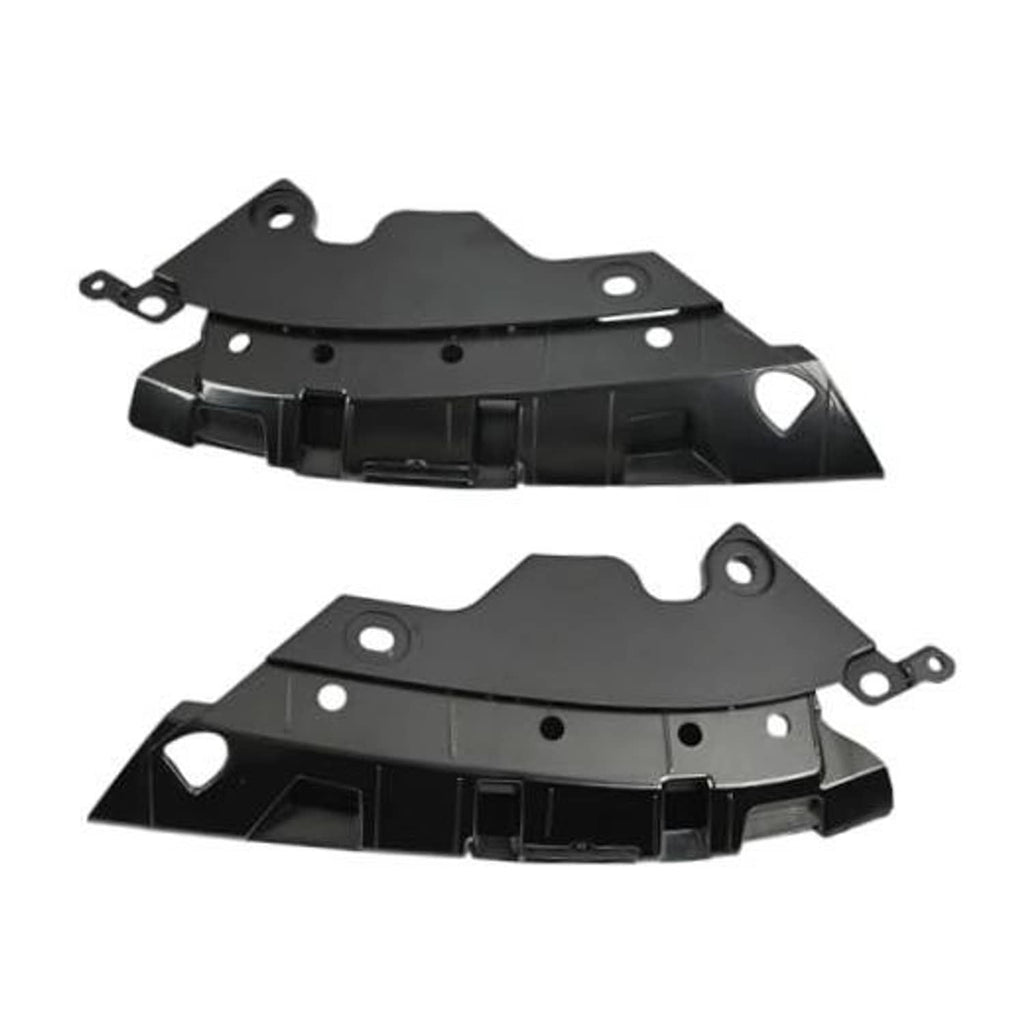 Front bumper grille retainer bracket pair, black plastic brackets with mounting holes