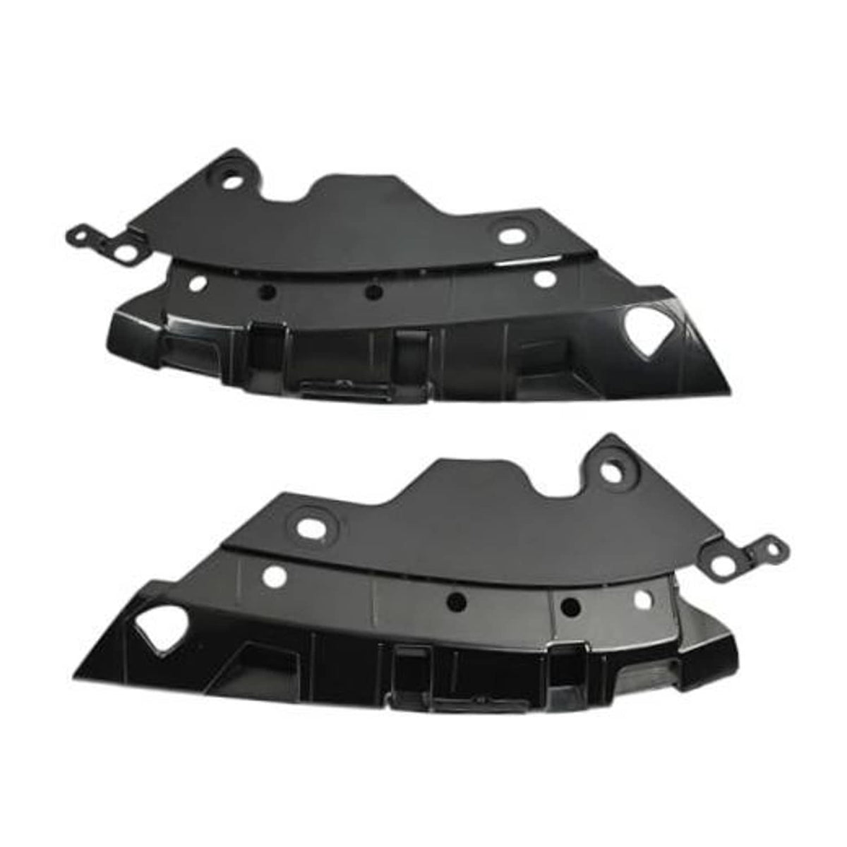 Front bumper grille retainer bracket pair, black plastic brackets with mounting holes