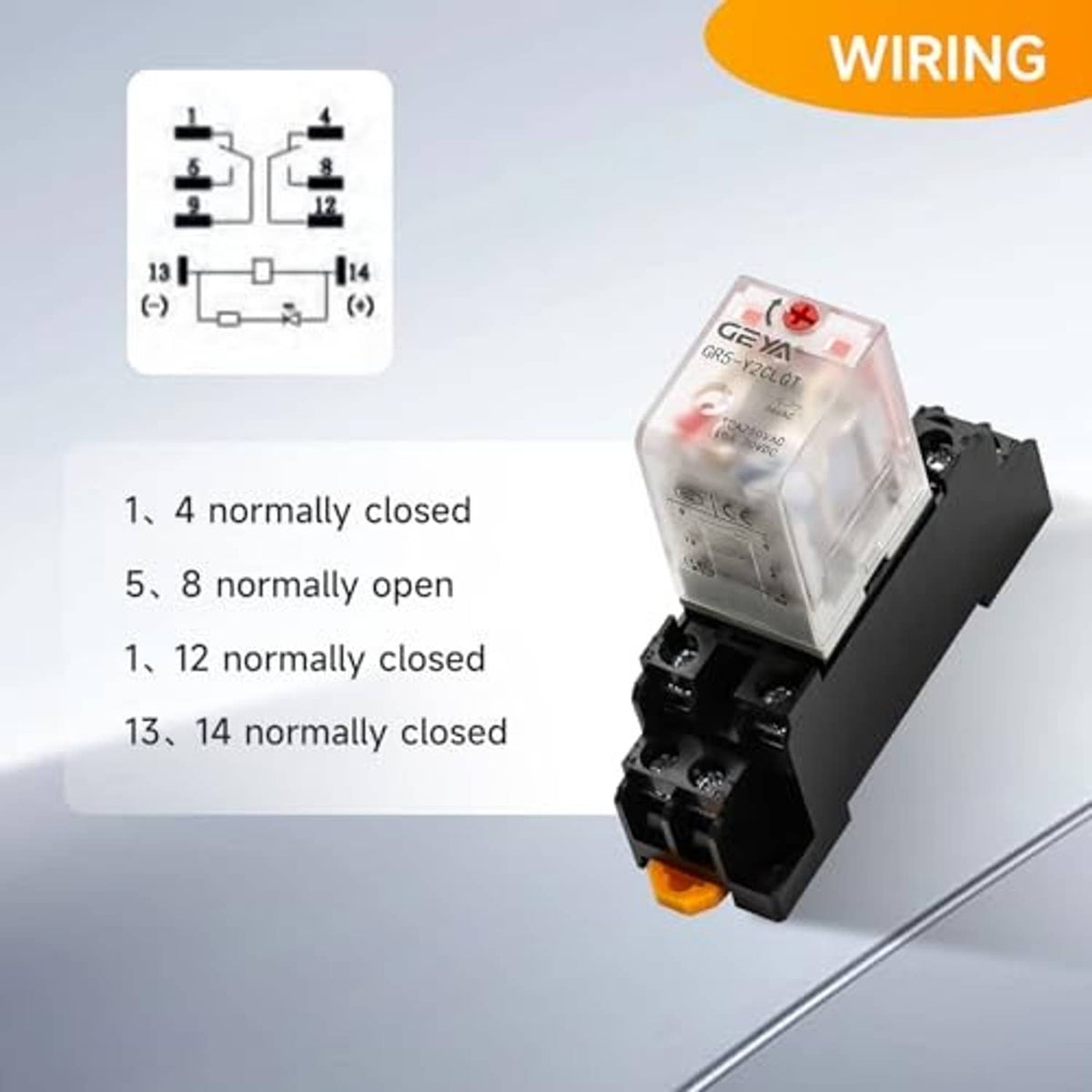 Clear DPDT relay on black rail base with orange terminals beside wiring diagram