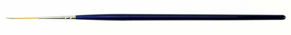 Paintbrush tip and navy handle close-up, with yellow bristles and gold ferrule