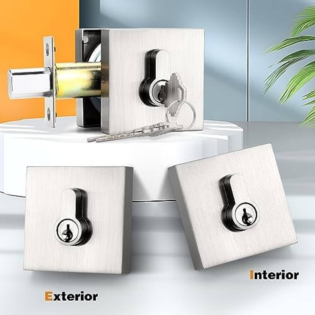 Brushed nickel double cylinder deadbolt with exterior and interior plates and keys