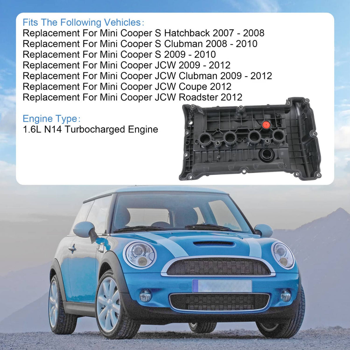 Engine valve cover assembly shown with vehicle fitment image for 1.6L N14