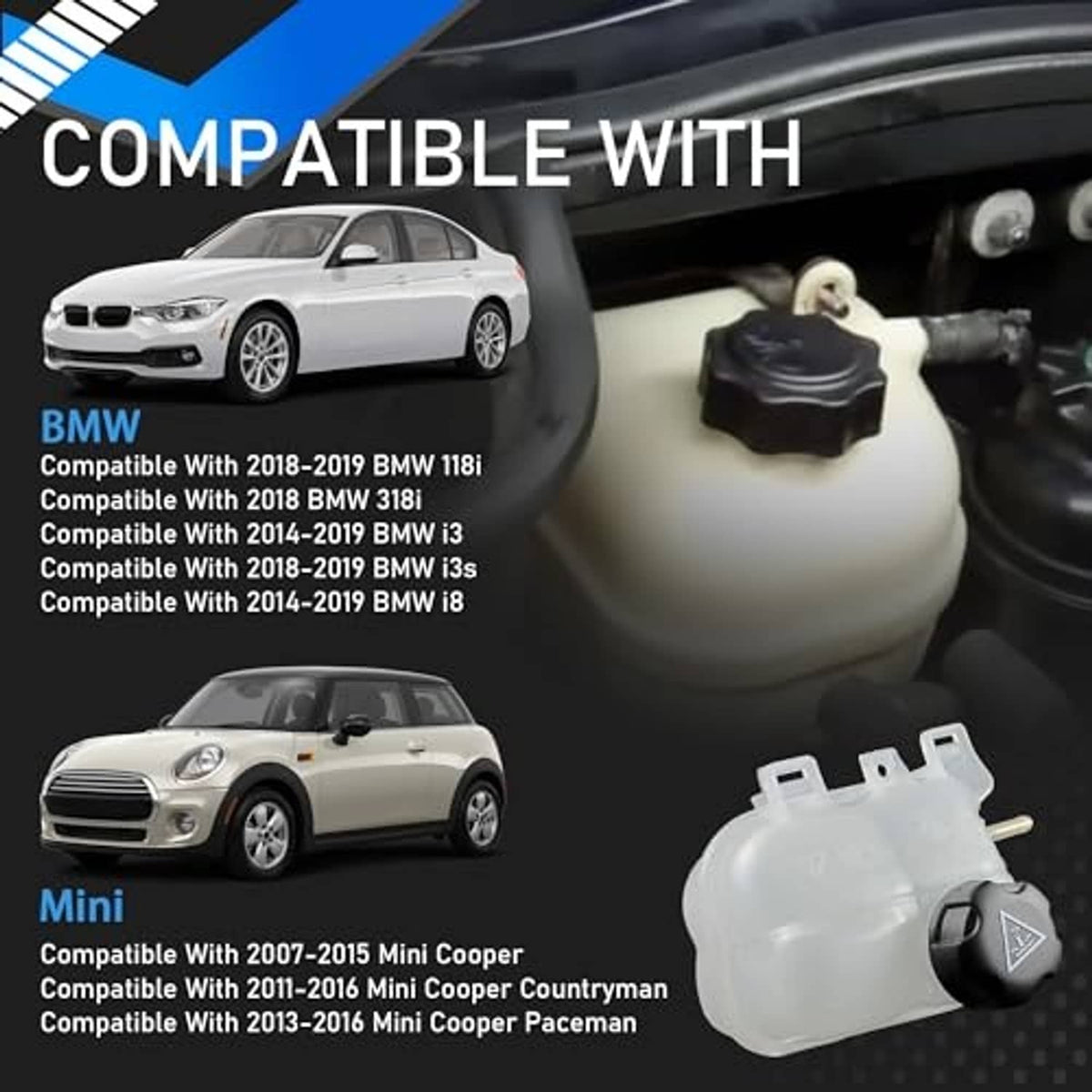 Engine coolant overflow reservoir tank with black cap, translucent white plastic