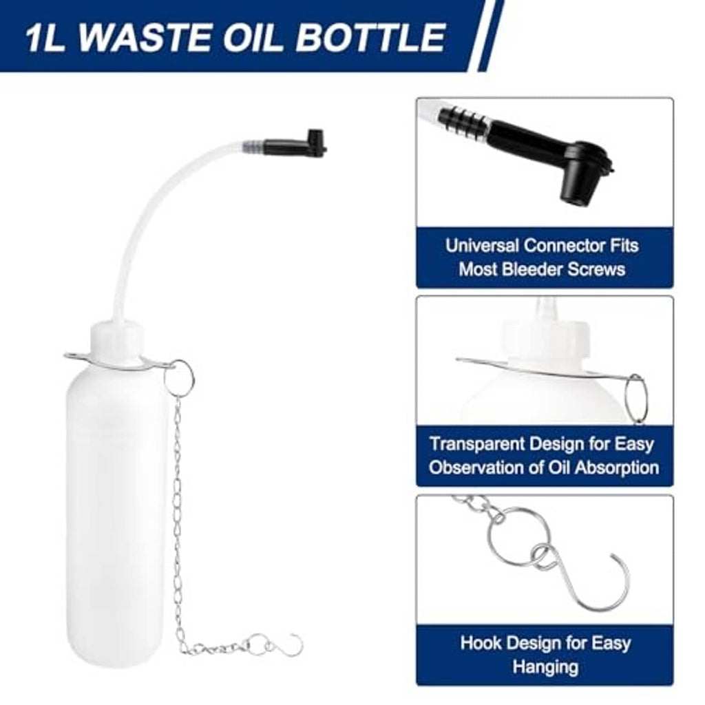 1L waste oil bottle with clear fill hose, universal connector, and hanging chain hook