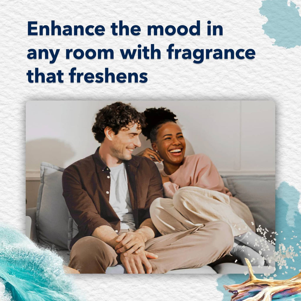 Air freshener refill promo card with ocean-themed water splash and lounging couple scene