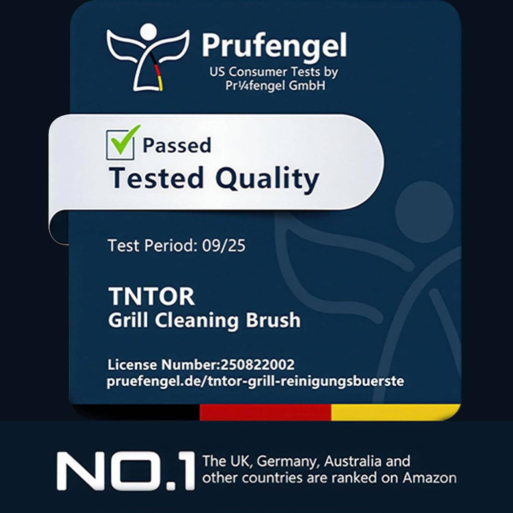 Prufengel tested quality label for TNTO R grill cleaning brush on retail packaging