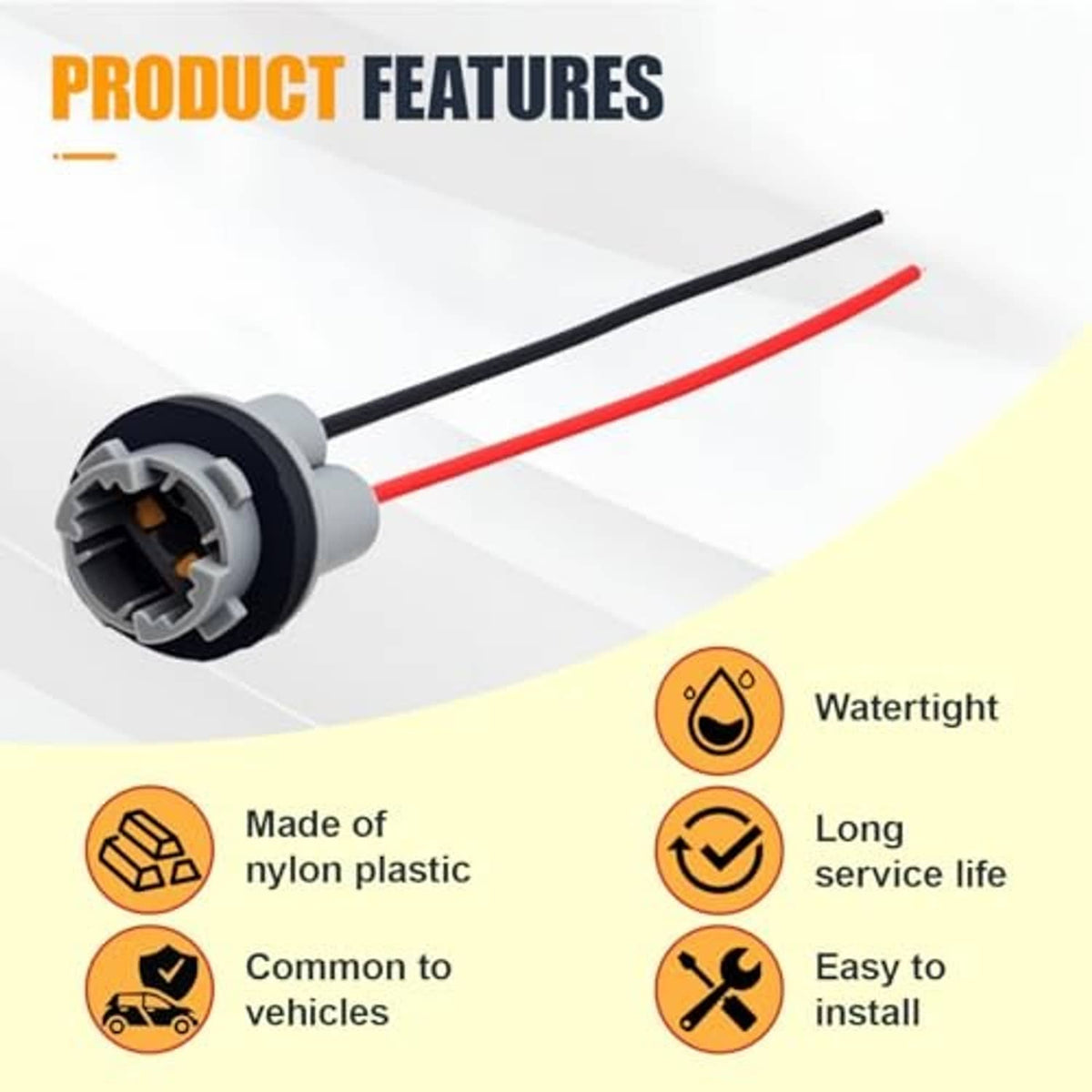Car bulb socket adapter with gray nylon body, twin red/black wires, and watertight fit