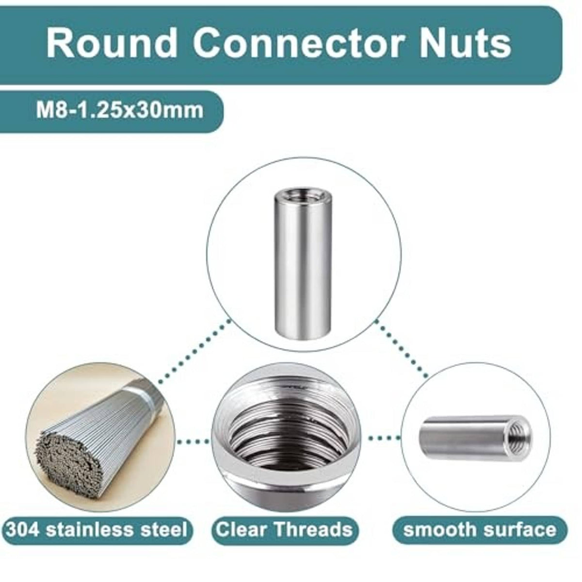 Round connector nuts shown with threaded openings on smooth stainless steel cylinders