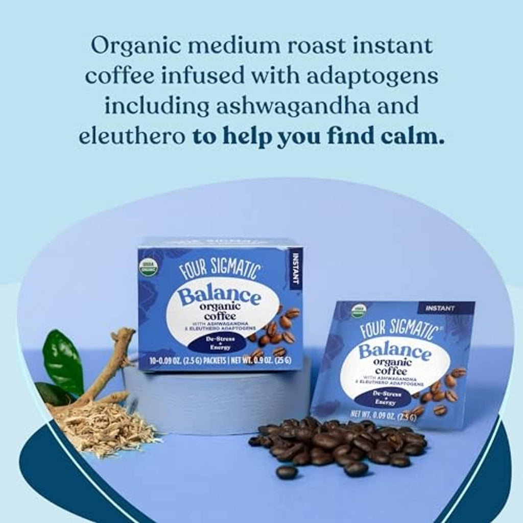 Four Sigmatic Balance organic instant coffee, medium roast packets and coffee beans