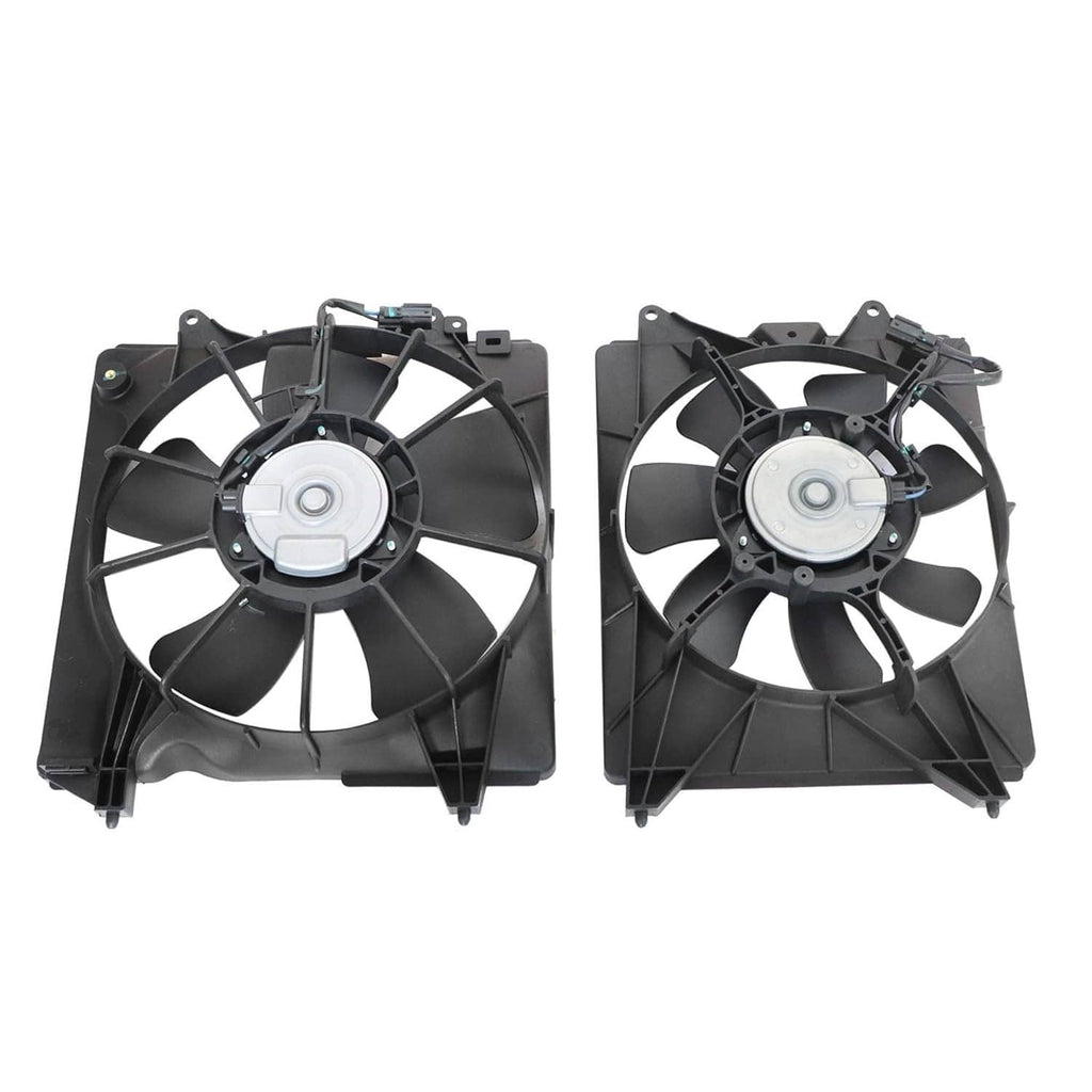 AC condenser radiator cooling fan assembly with dual black fans and mounting hardware