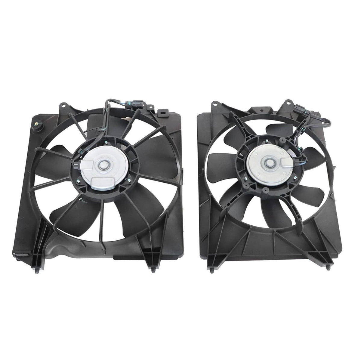 AC condenser radiator cooling fan assembly with dual black fans and mounting hardware