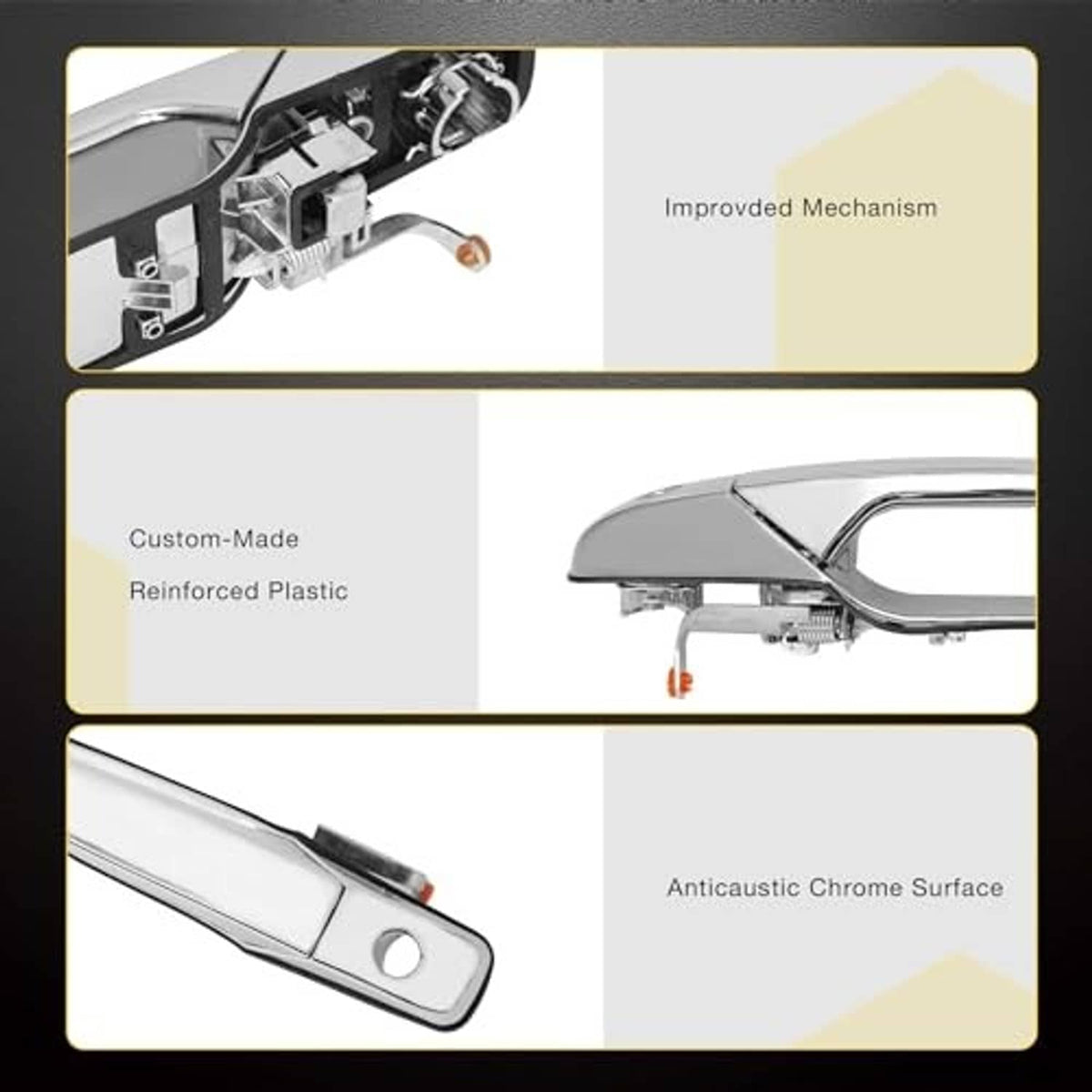 Chrome exterior door handle with reinforced mechanism detail and mounting hardware