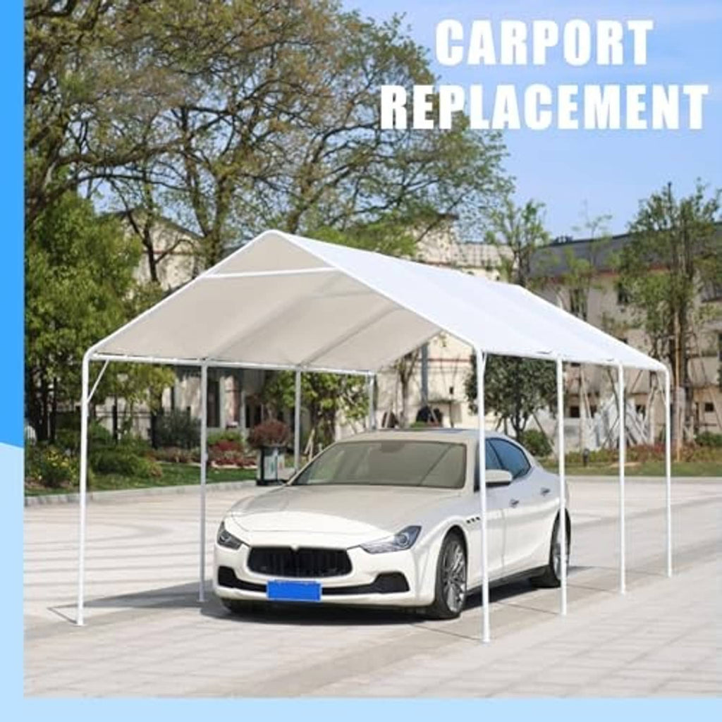 Carport replacement canopy cover with grey roof and white frame, sheltering a car.