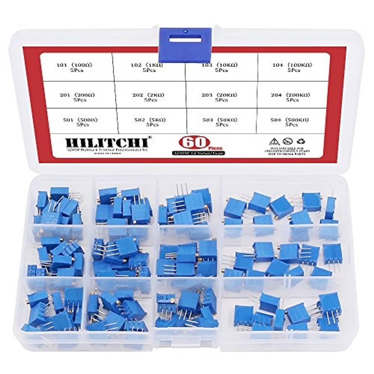 Multiturn trimmer potentiometer kit in clear divided plastic case with blue parts