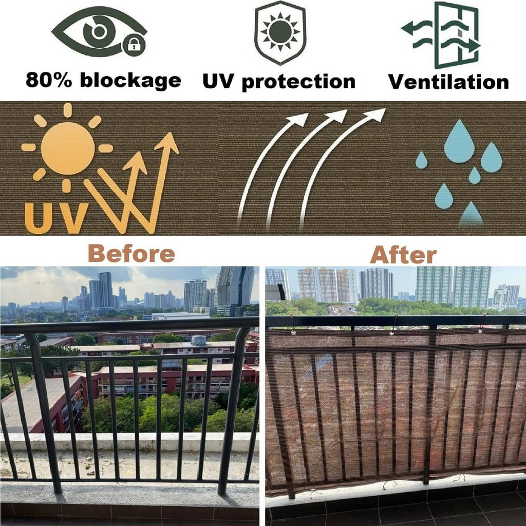 Coffee-brown privacy screen cloth on balcony railing with lighter filtered view