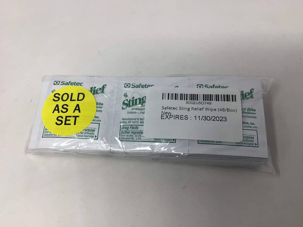 Safetec Sting Relief wipe pack sealed with sell-by sticker
