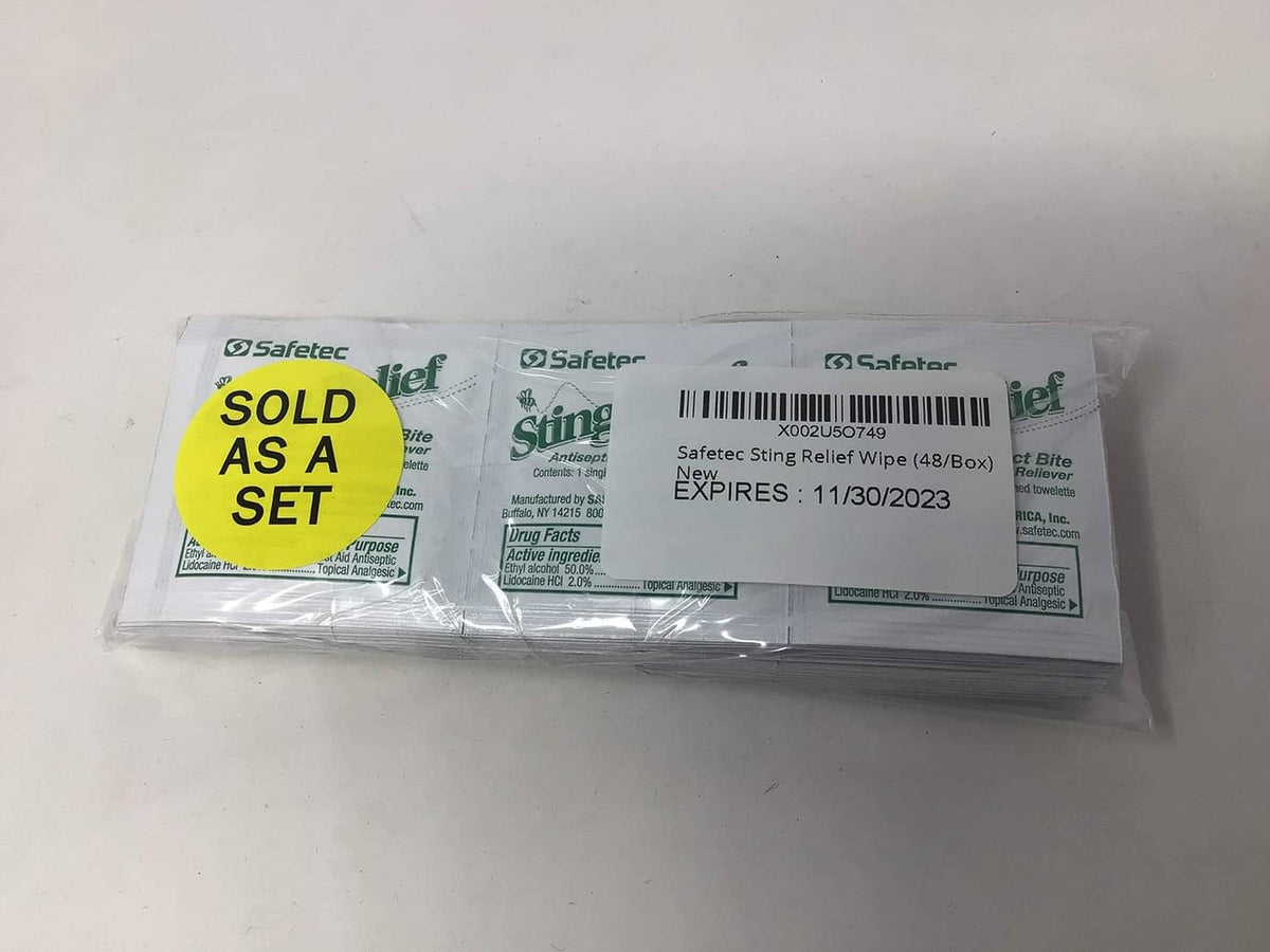 Safetec Sting Relief wipe pack sealed with sell-by sticker