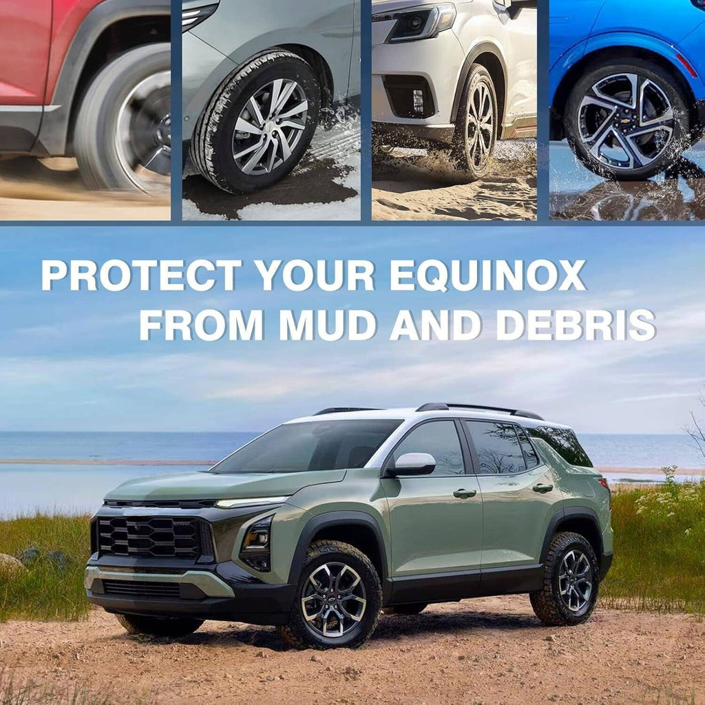 Mud flaps installed on SUV lower fender near front wheel opening, dark black