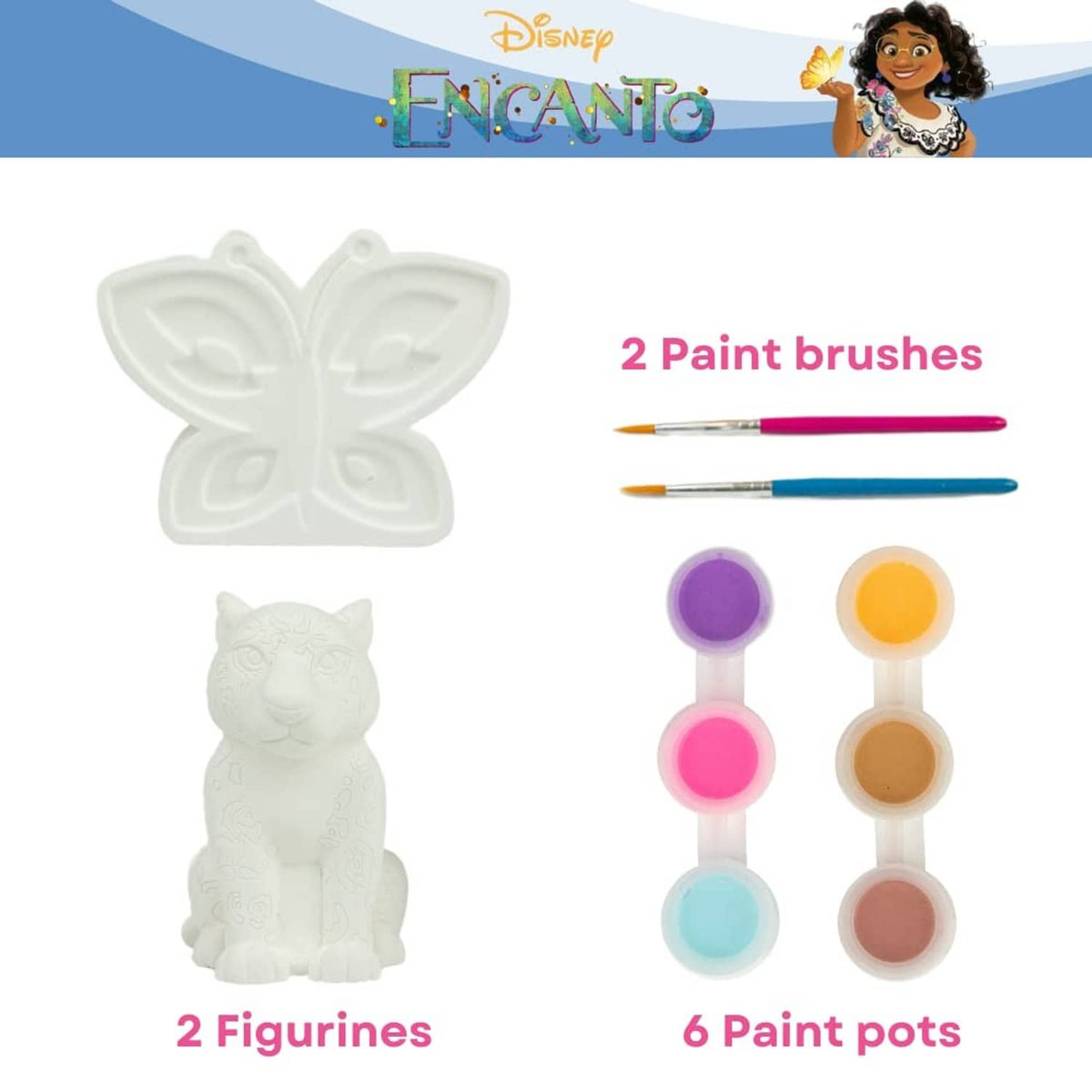 Paint-your-own figurines kit: butterfly and cat molds, two paint brushes, six paint pots