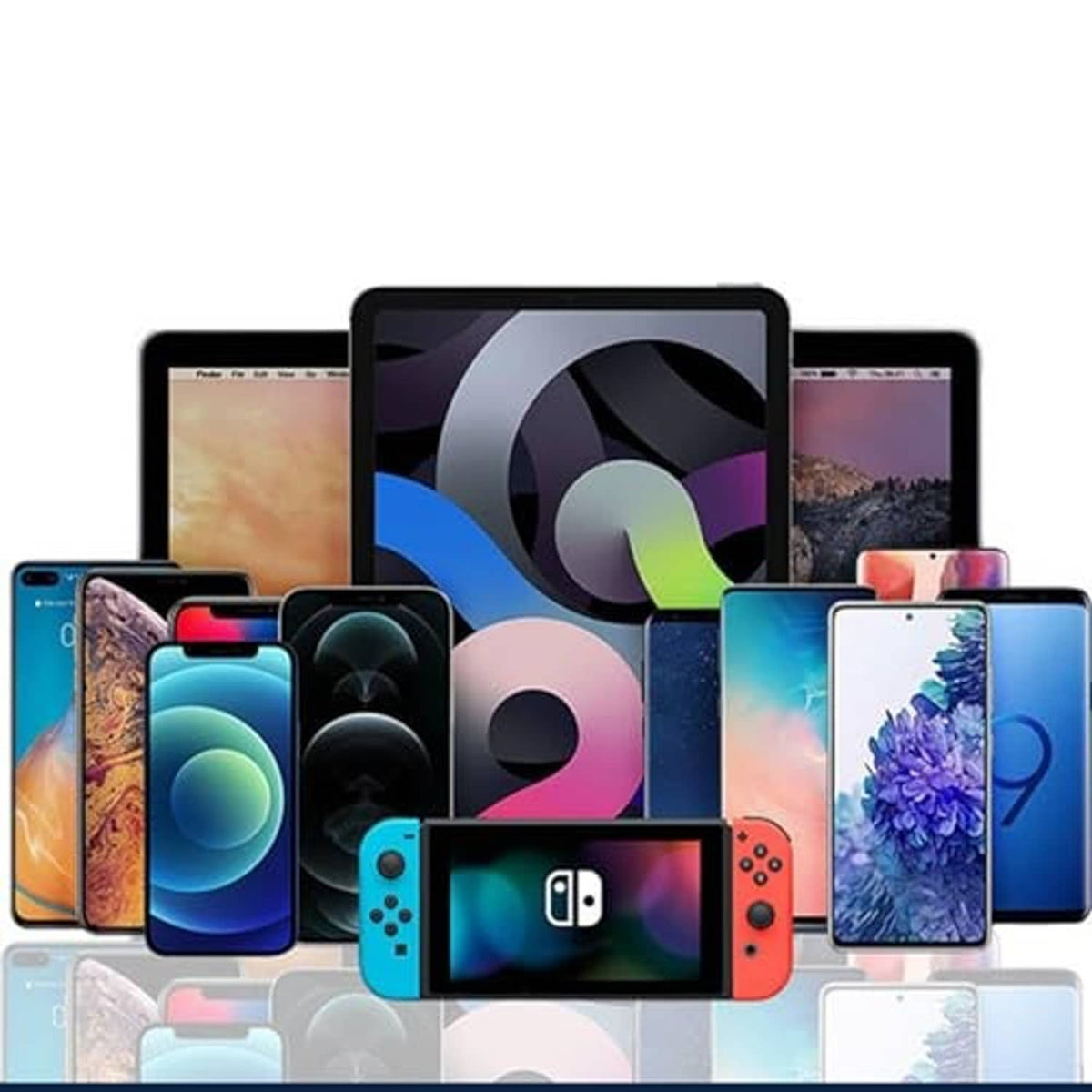 Assorted smartphones and tablets with a visible USB-style charging connector set