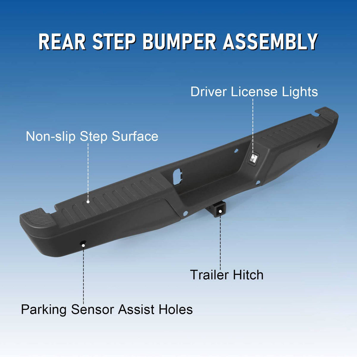 Black rear step bumper assembly with textured step and trailer hitch opening