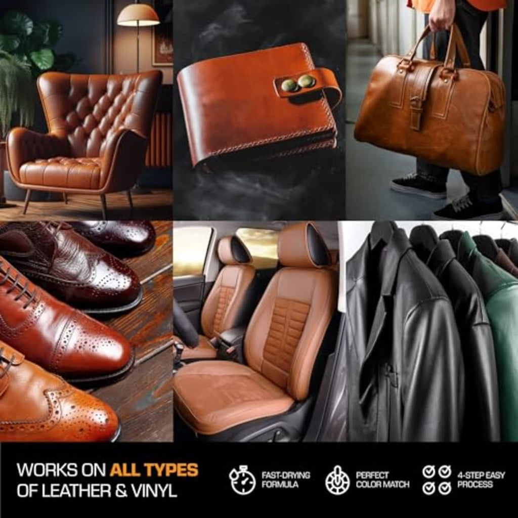Leather and vinyl repair kit use examples on furniture, shoes, car seats, and jackets