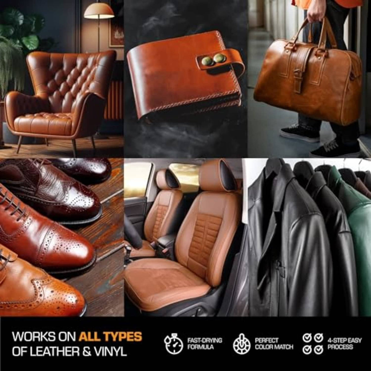 Leather and vinyl repair kit use examples on furniture, shoes, car seats, and jackets