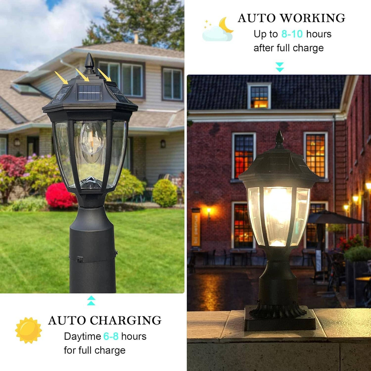 Solar post lantern light with lit bulb in clear glass shade, dark metal body