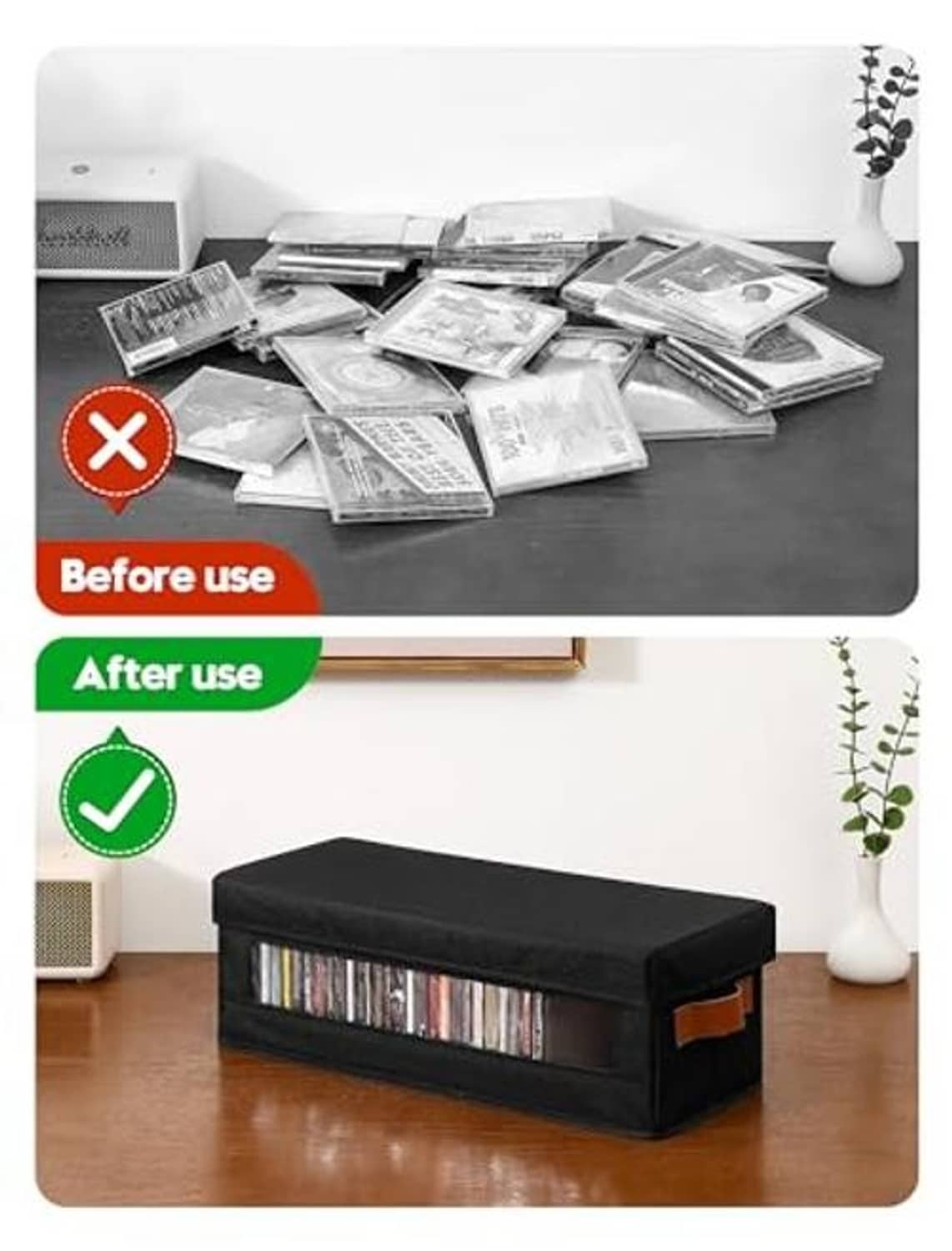Black stackable CD storage box with clear window, CDs visible through front