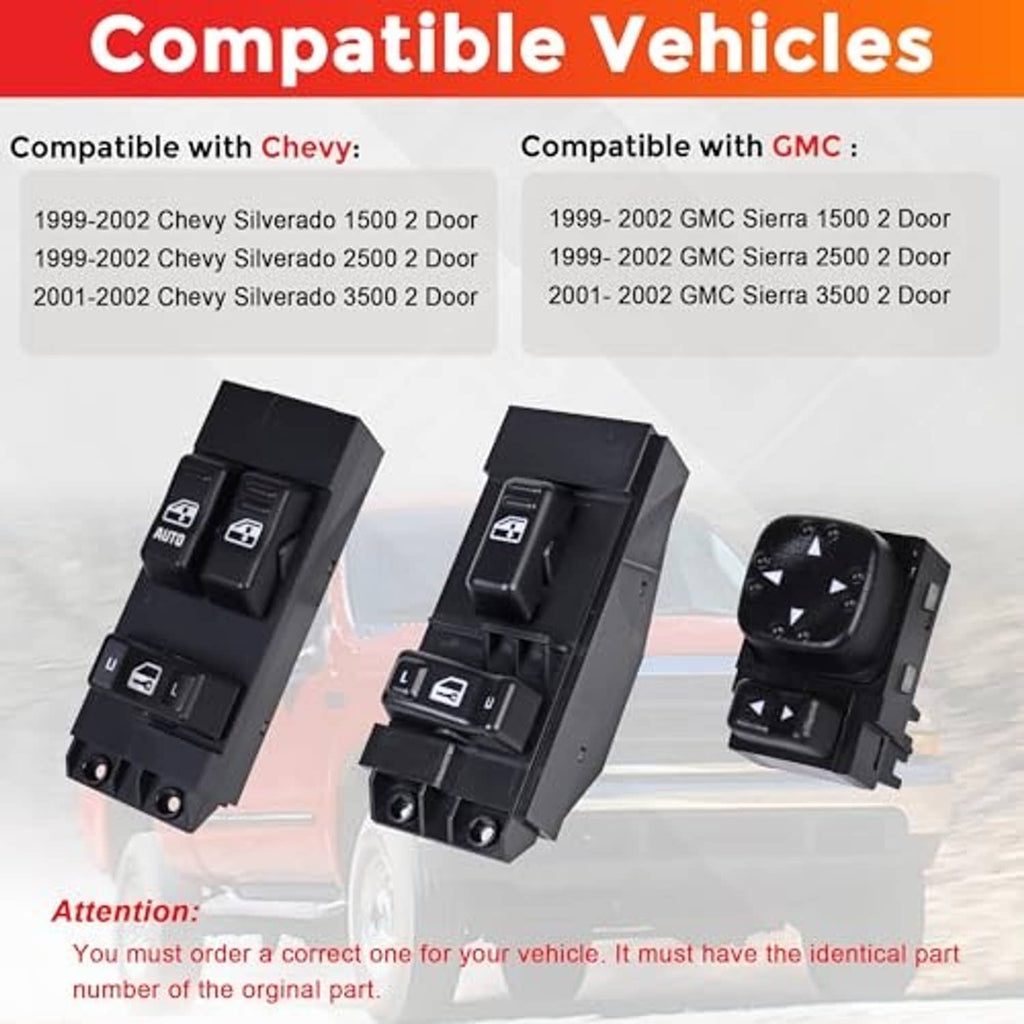 Compatible vehicles list with window switch and mirror switch shown in black.