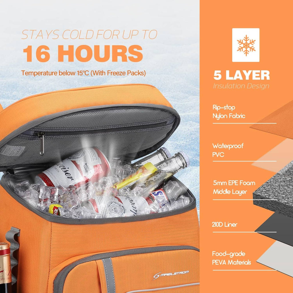 Orange insulated cooler backpack with open lid showing packed bottles inside