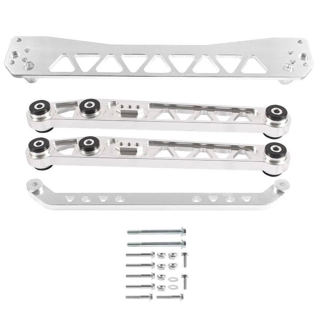 Silver rear control arm brace with two link arms and bolt hardware, kit view