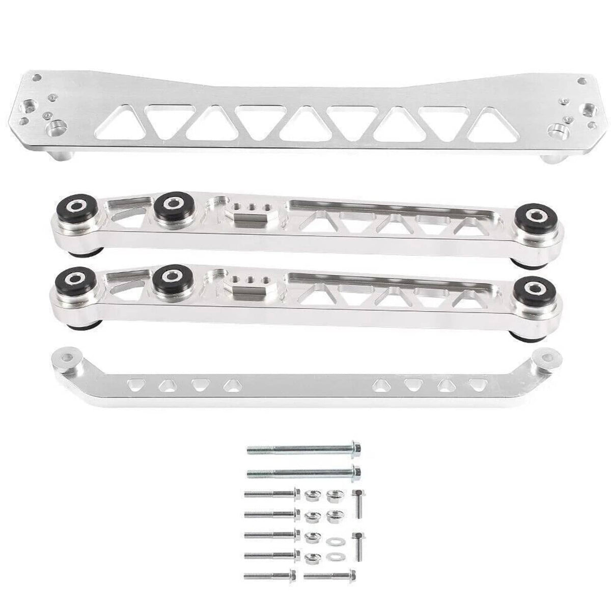 Silver rear control arm brace with two link arms and bolt hardware, kit view