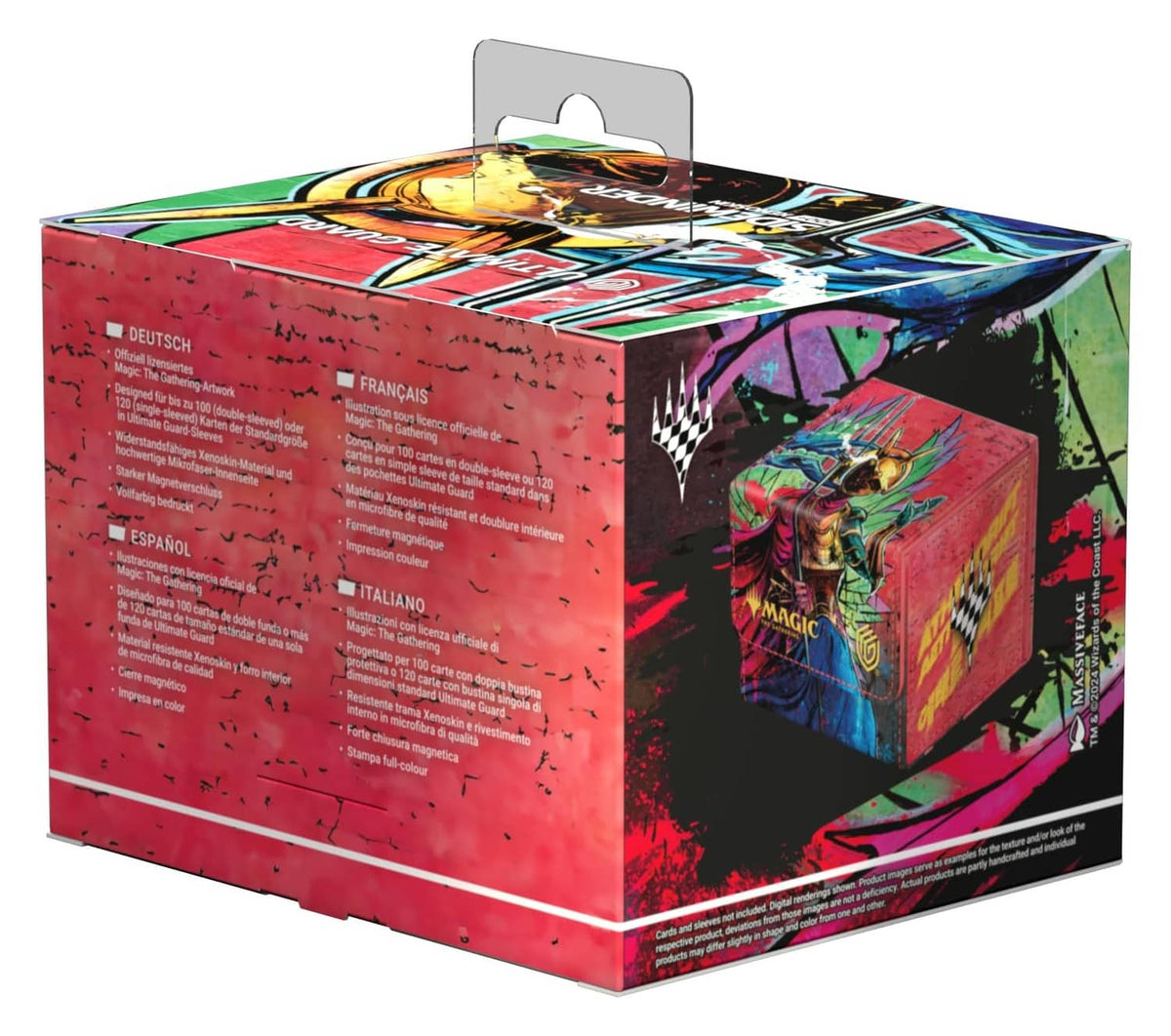 Ultimate Guard Sidewinder deck box retail package, back side with multilingual text