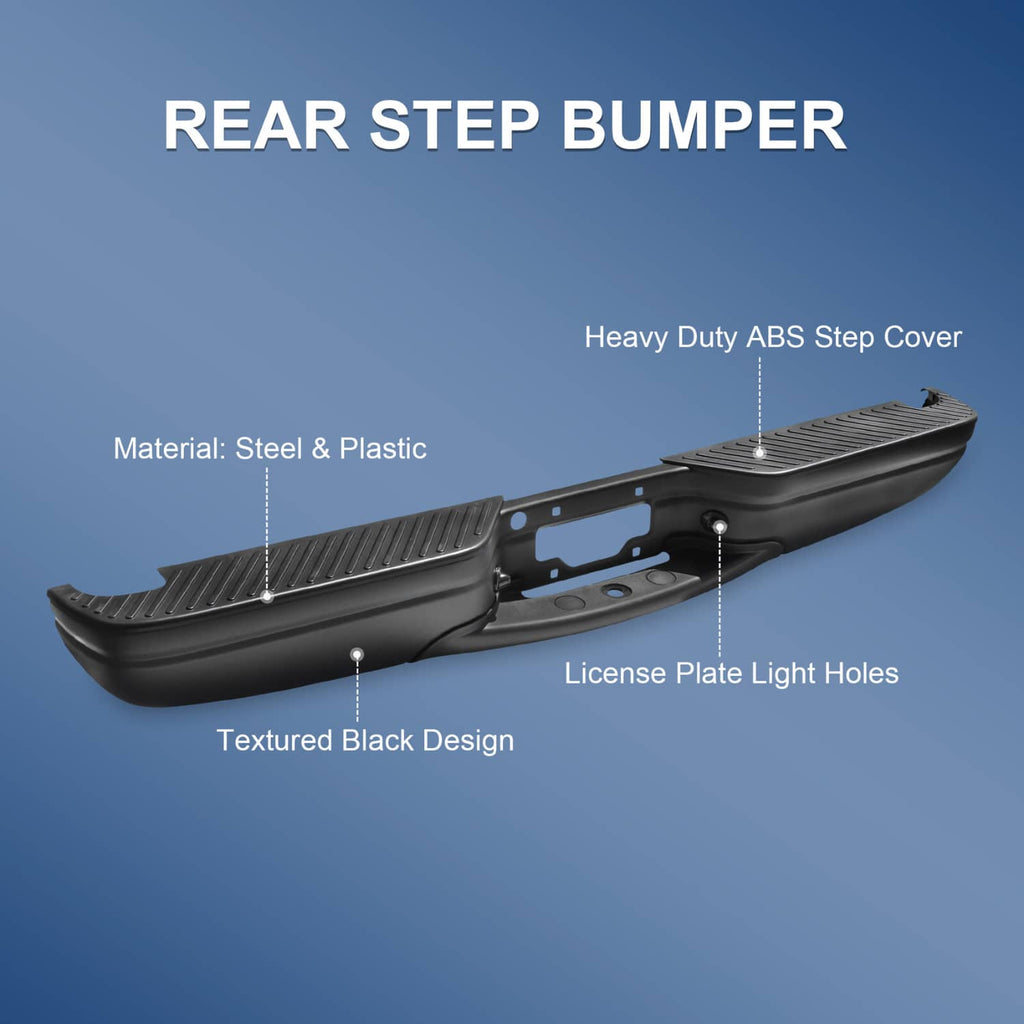 Black rear step bumper with textured ABS step cover and license plate light holes