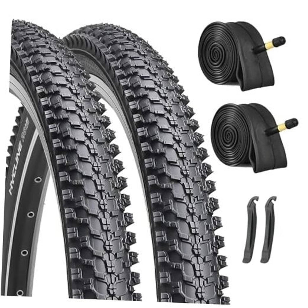 Mountain bike tires (2-pack) with deep black tread, close-up side view.