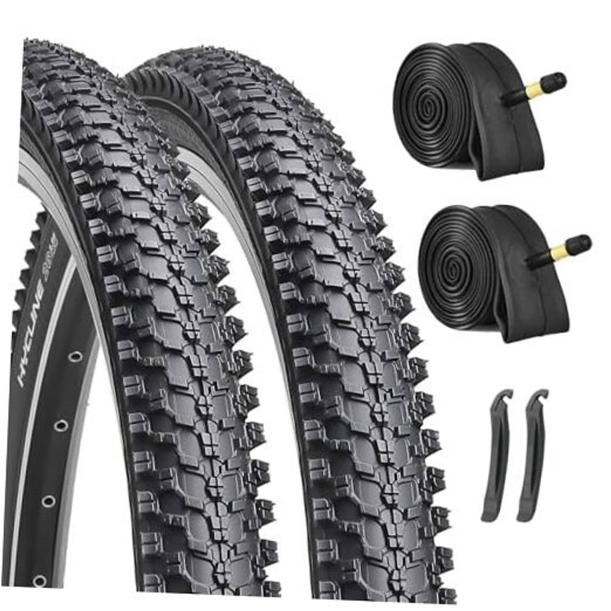 Mountain bike tires (2-pack) with deep black tread, close-up side view.