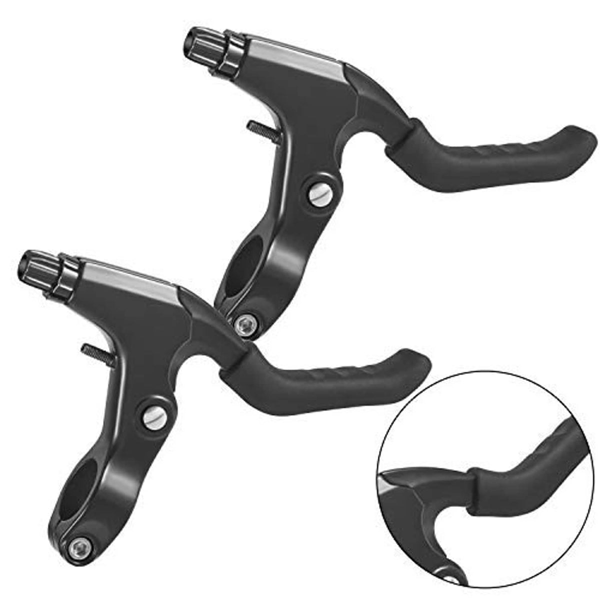 Black silicone bicycle brake lever handle sleeves fitted on pair of brake levers.