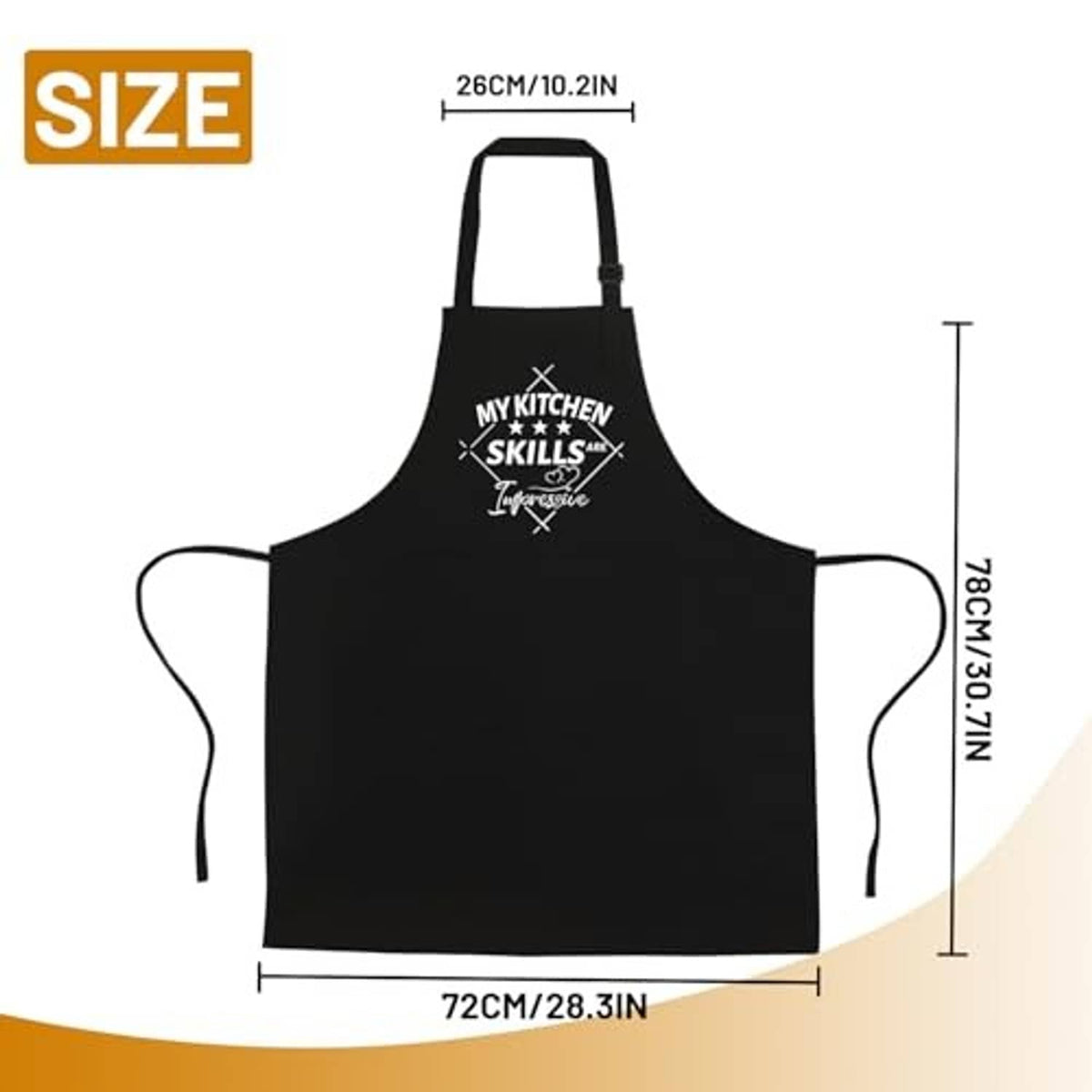 Black apron front view with adjustable neck strap and kitchen skills utensils design