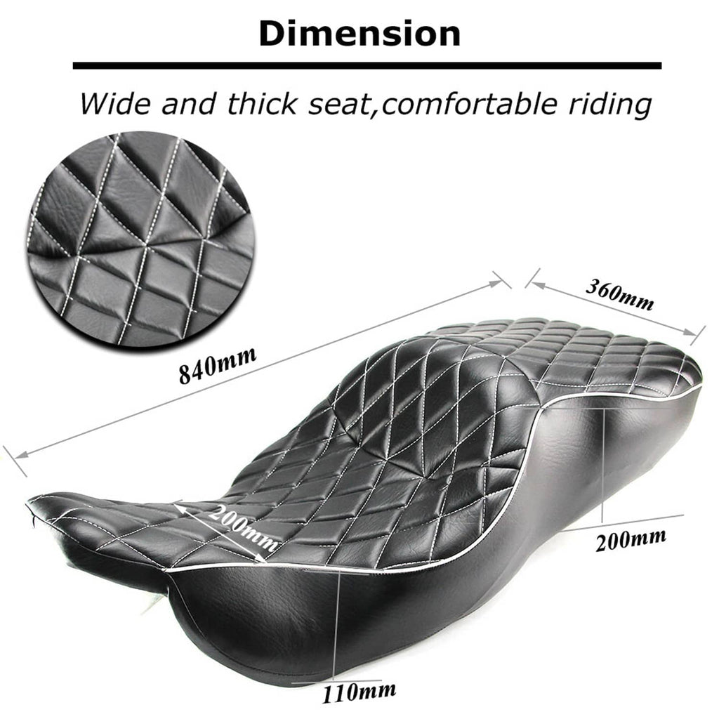 Black quilted motorcycle seat with diamond stitching; measurement diagram background