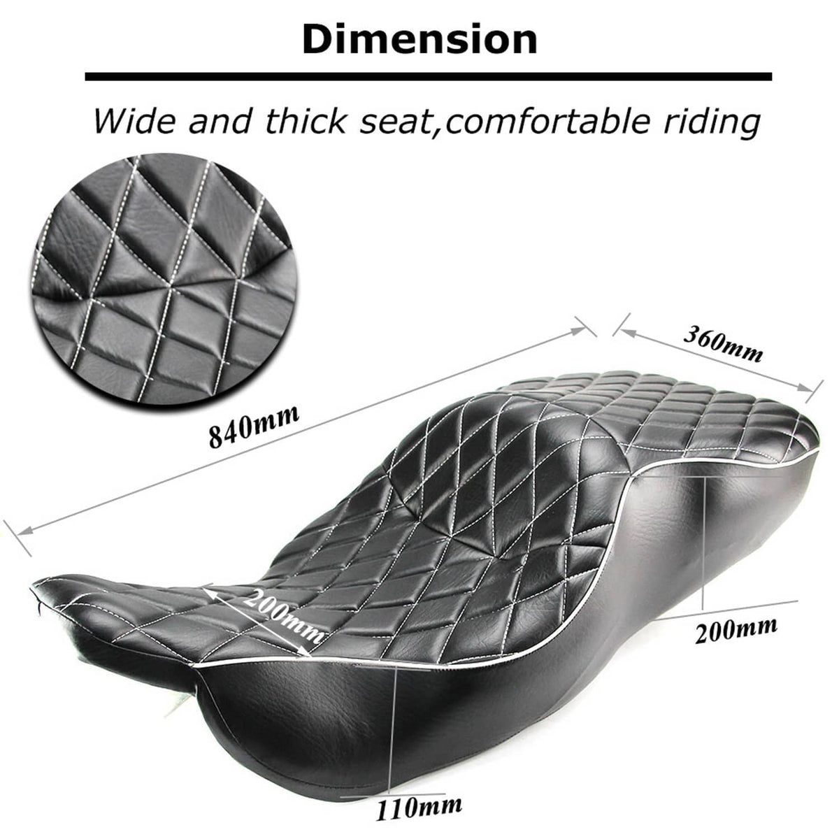 Black quilted motorcycle seat with diamond stitching; measurement diagram background