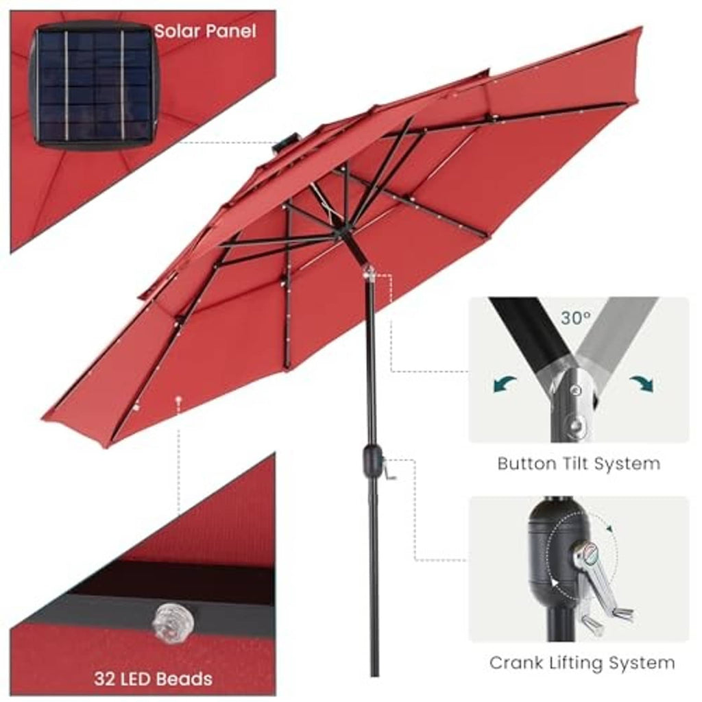 Crimson 3-tier patio umbrella with solar panel and LED beads along the canopy