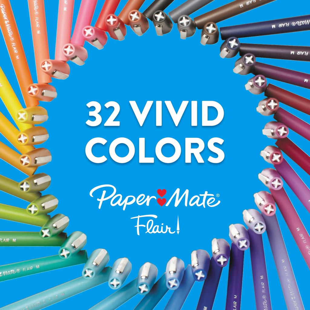 Assorted Paper Mate Flair felt tip pens with visible tips in multiple colors