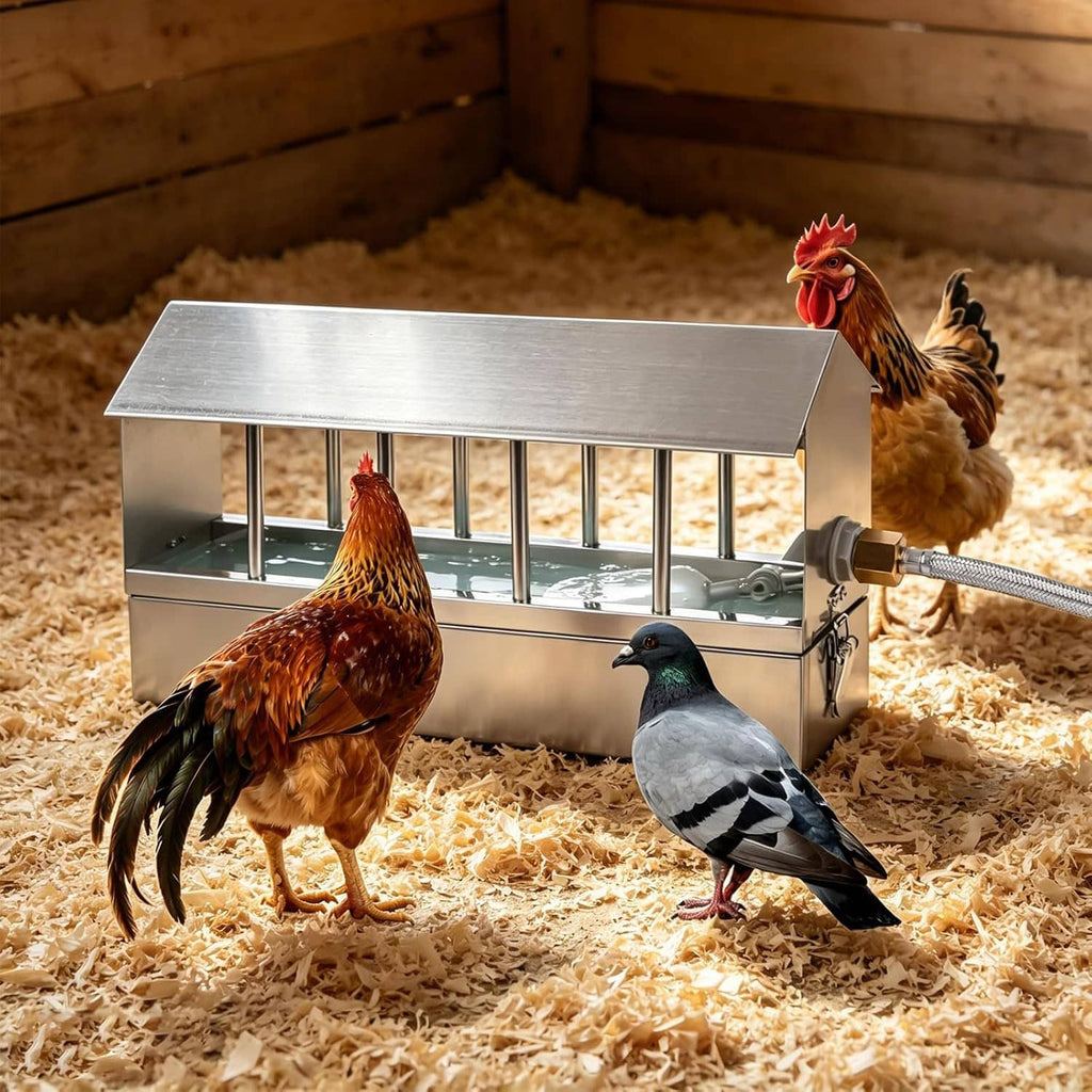 Stainless automatic chicken waterer with roof, side faucet, and hose connector