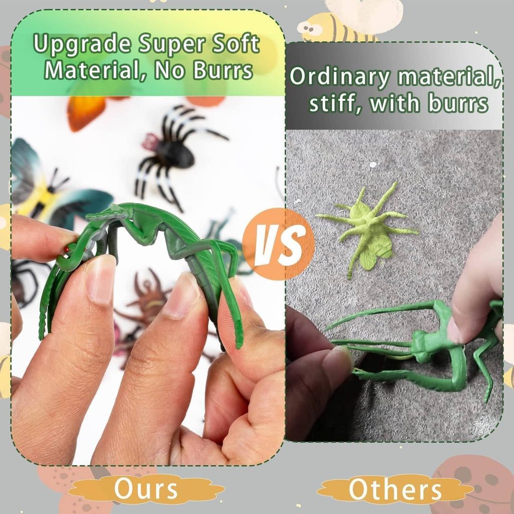 Green plastic bug toy held by hand in a material comparison