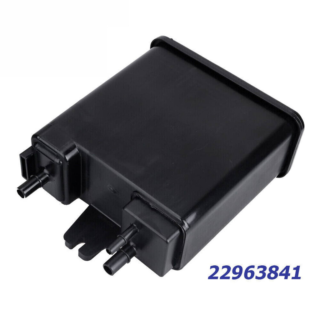 Black EVAP vapor canister with vent connector and outlet tubes, compact rectangle