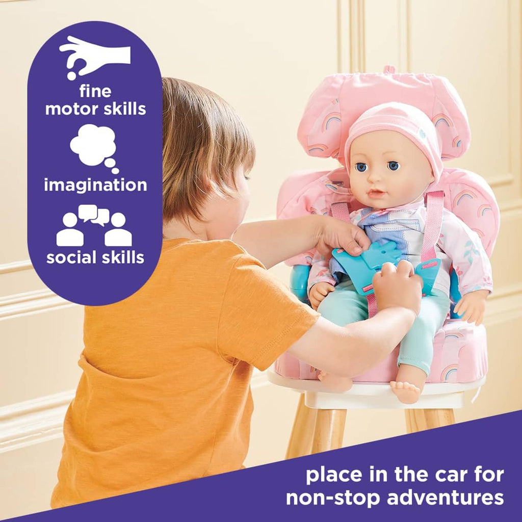 Pink doll car booster seat with baby doll and adjustable harness, blue side bumpers