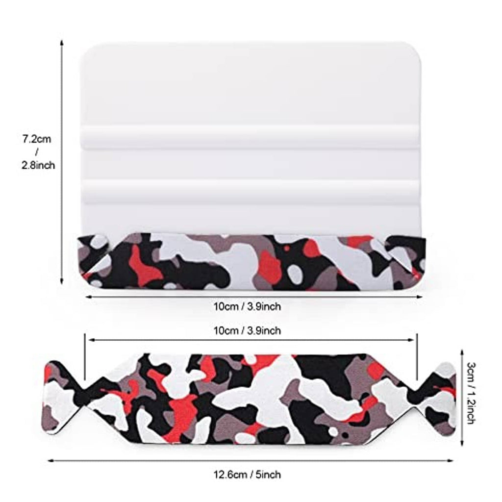 White squeegee with red/black/gray camouflage felt strip, shown with size guides