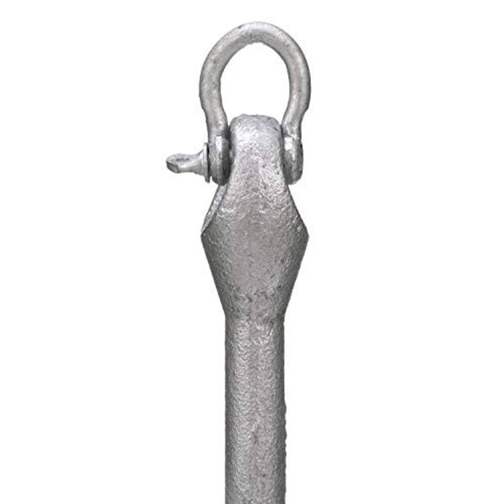 Folding grapnel anchor close-up of top shank and lifting ring, silver-gray textured metal